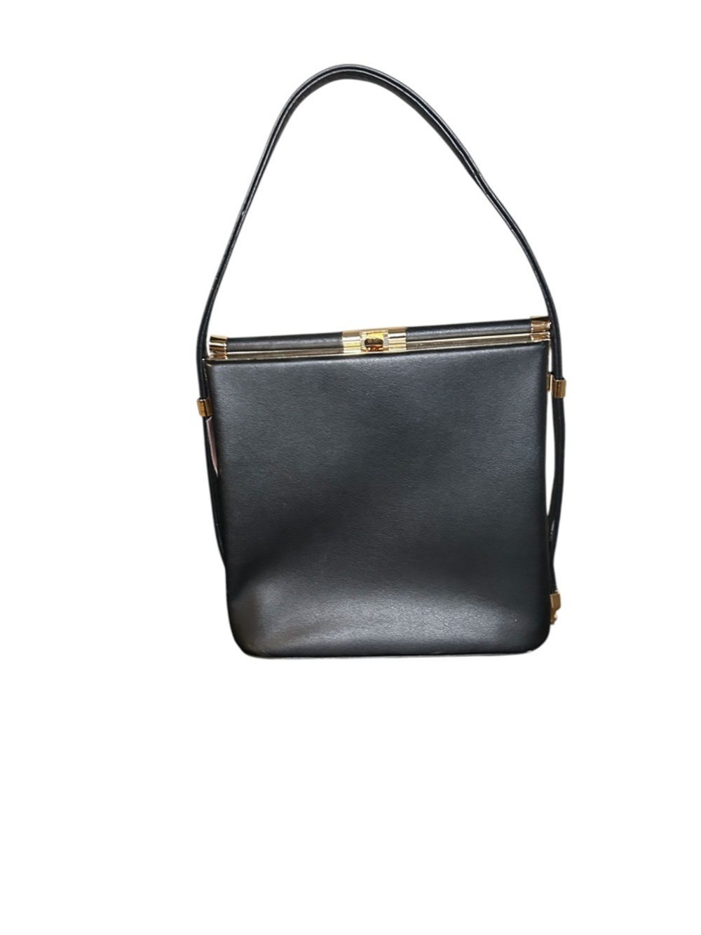 Minimalist and sleek Black Top-Handle Shoulder Bag with Gold Hardware - Picture 5 of 16